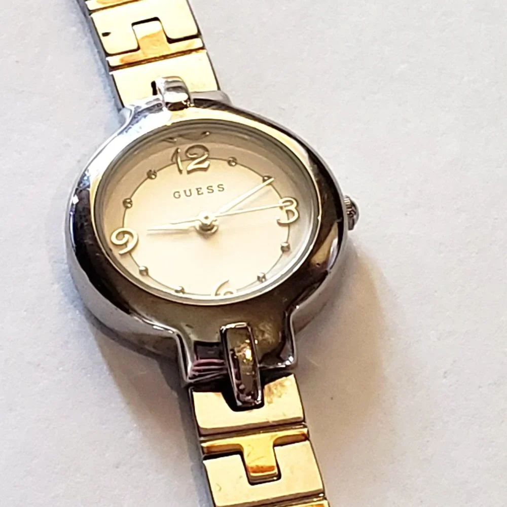 GUESS Two Tone Quartz Gold Silver Band White Face Easy to Read Ladies Watch